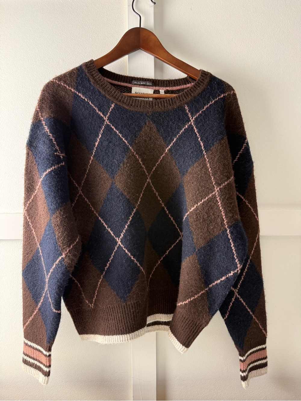 Scotch & Soda Brown and Navy Argyle Crewneck Sweater with Pink Trim